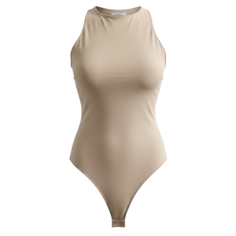 REORIA Womens Sleeveless High Neck Halter Bodysuit Tan Beige Size L